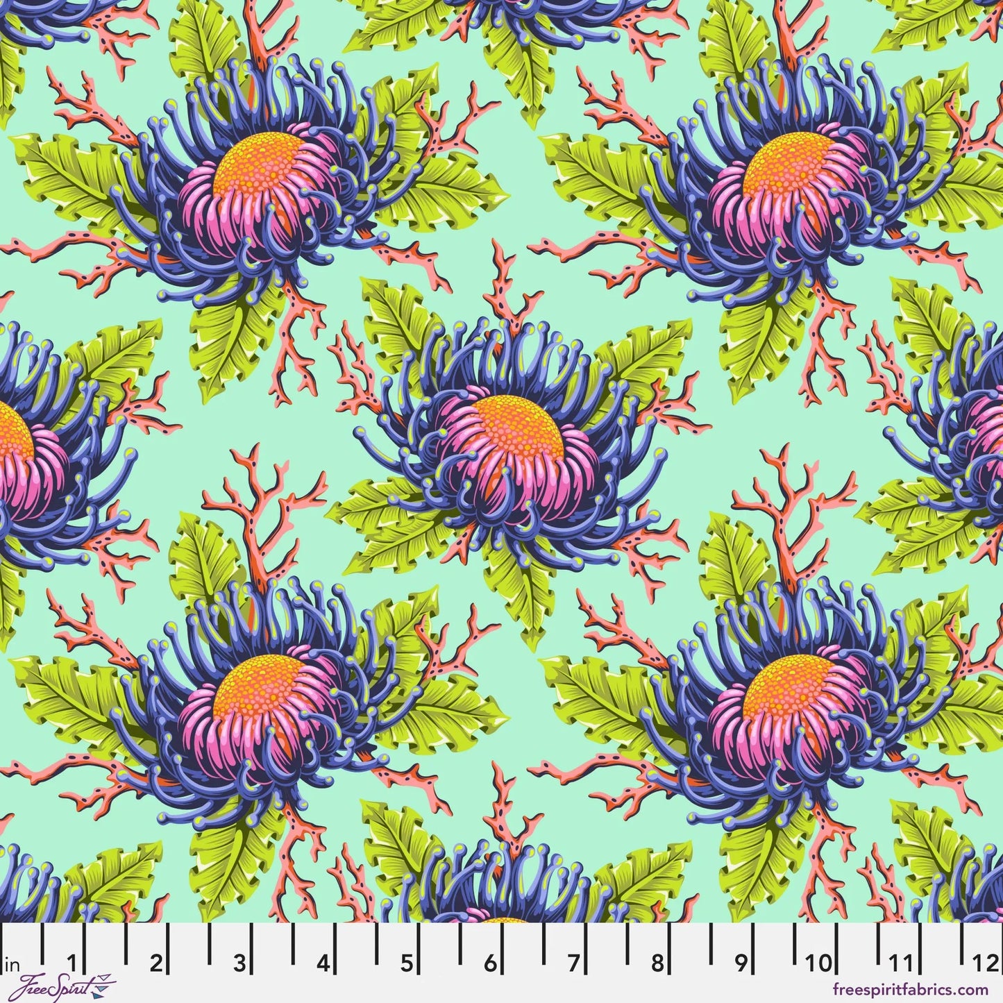Pattern of large blue and pink sea anemone blooms with lime-green leaves on a bright aqua background with a ruler for scale.
