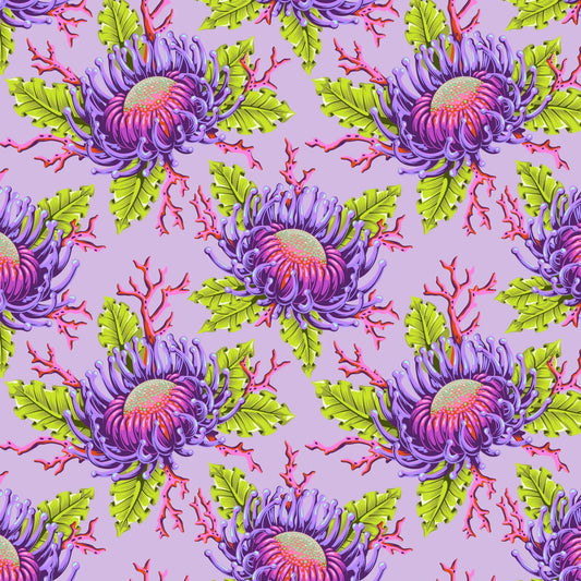 Pattern of large purple and pink sea anemone blooms with lime-green leaves on a lavender background.