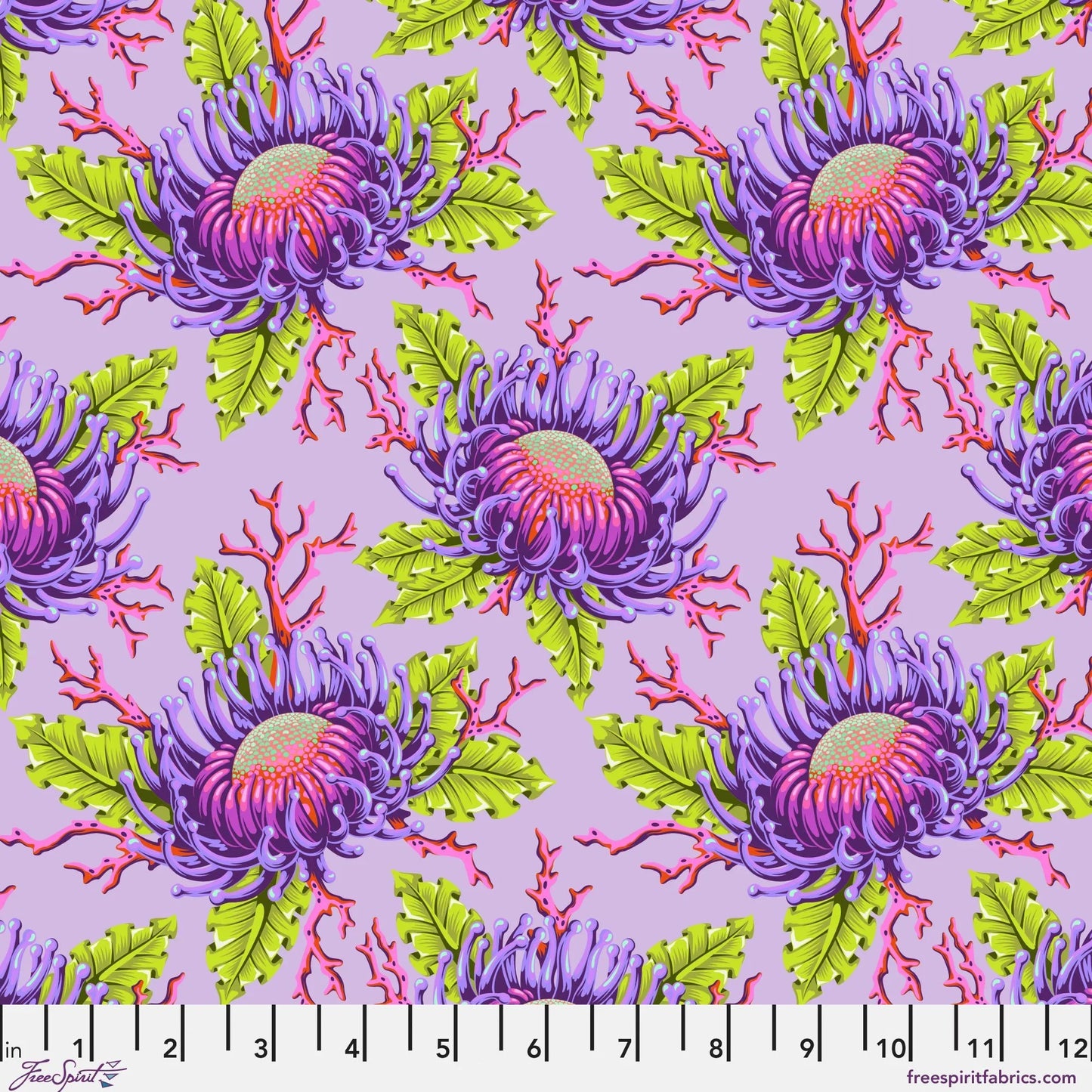 Pattern of large purple and pink sea anemone blooms with lime-green leaves on a lavender background with a ruler for scale.