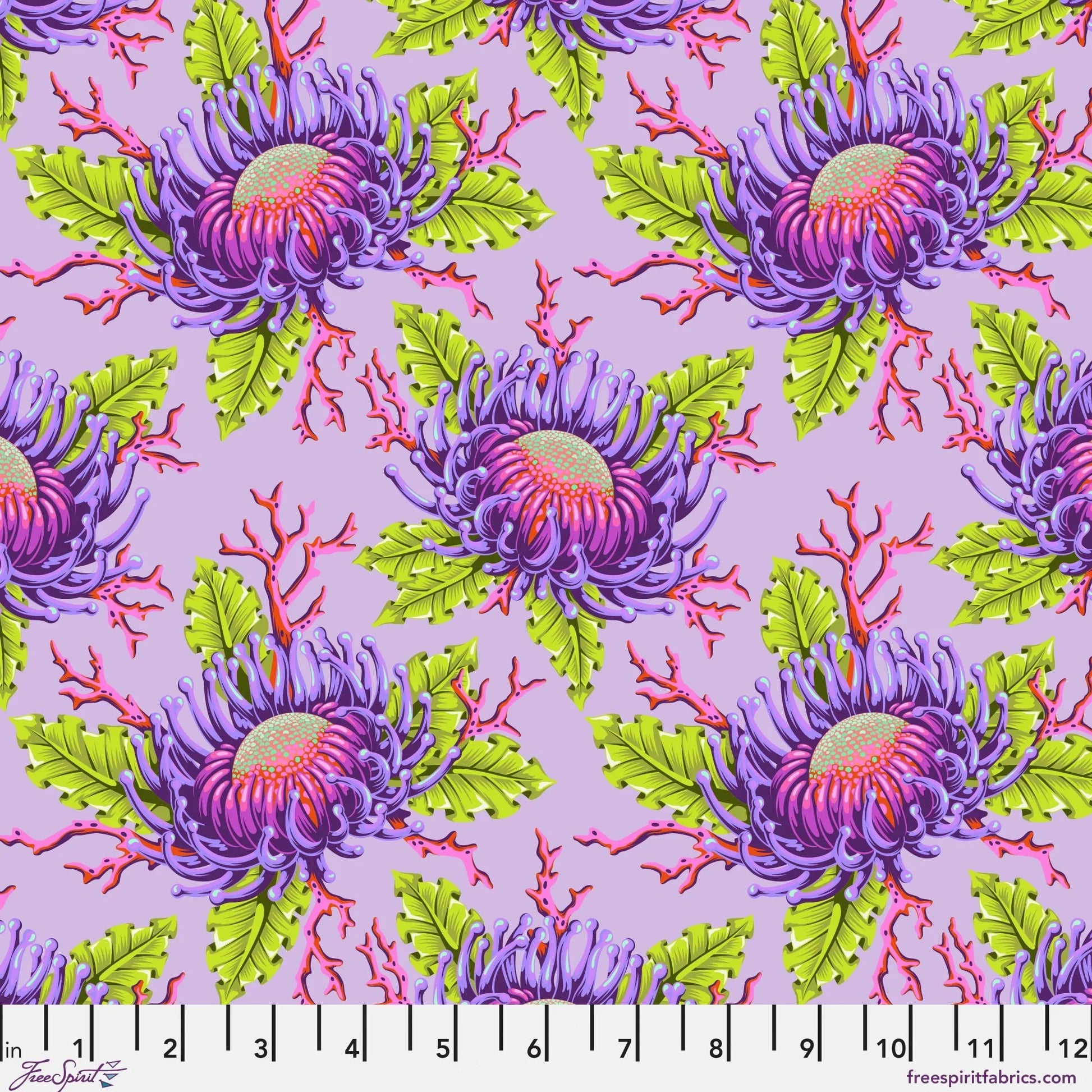 Pattern of large purple and pink sea anemone blooms with lime-green leaves on a lavender background with a ruler for scale.