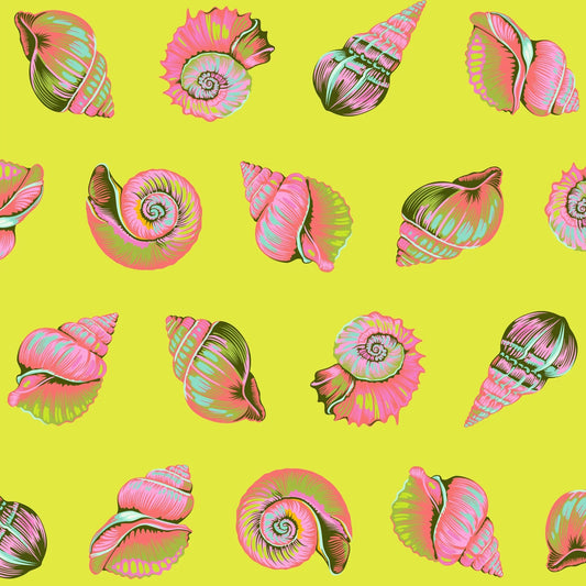 Colorful detailed pink shell pattern on a lime-green background