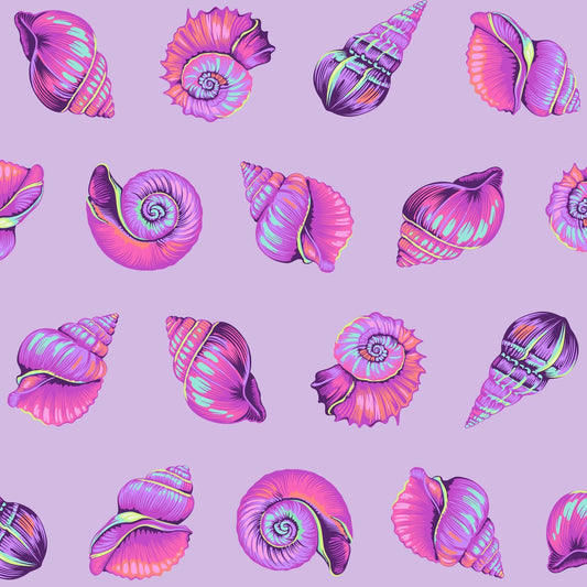 Pattern of colorful pink seashells on a purple background