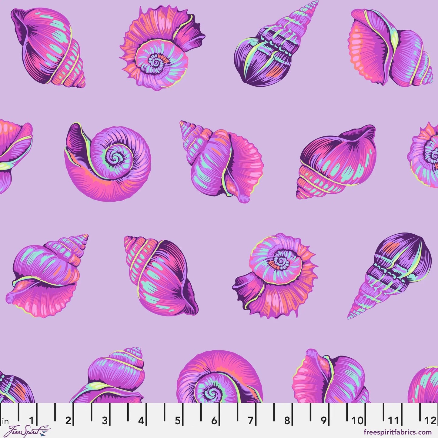 Pattern of colorful pink seashells on a purple background with a ruler for scale.