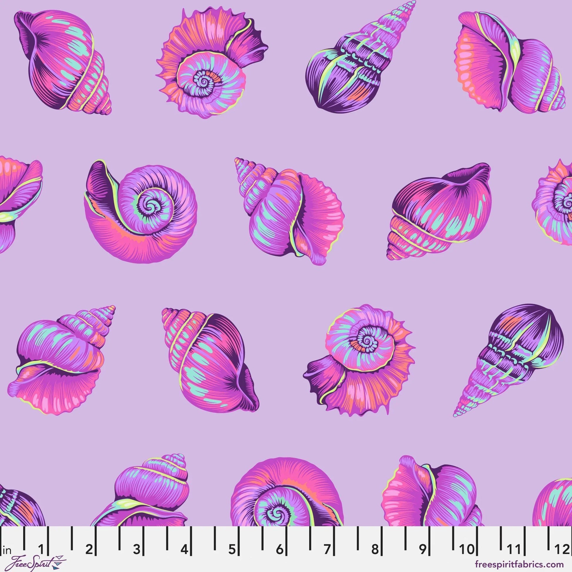 Pattern of colorful pink seashells on a purple background with a ruler for scale.