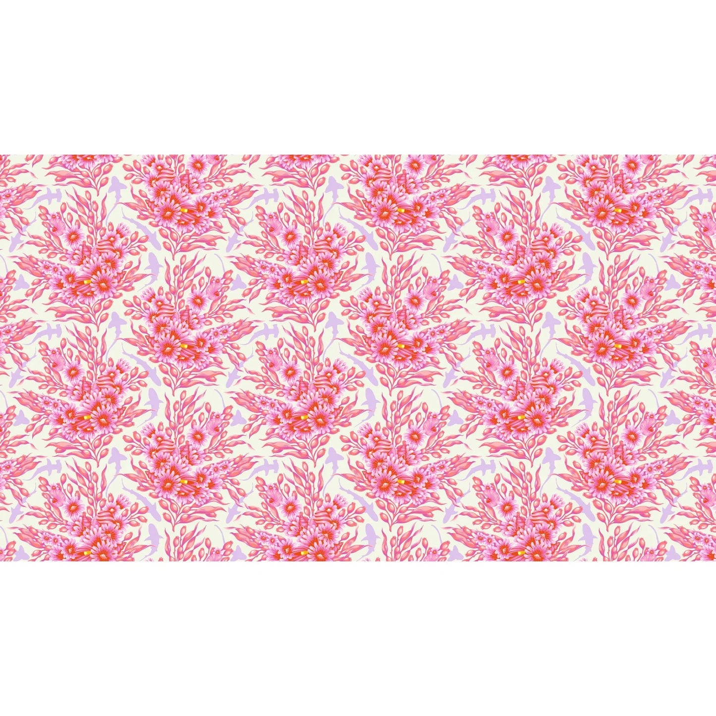 Bouquets of pink sea anemones and kelp with lavender silhouettes of sharks on an off-white background