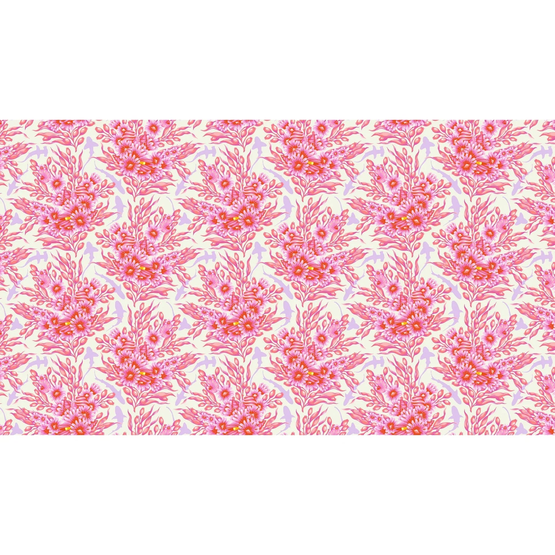 Bouquets of pink sea anemones and kelp with lavender silhouettes of sharks on an off-white background