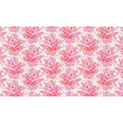 Bouquets of pink sea anemones and kelp with lavender silhouettes of sharks on an off-white background
