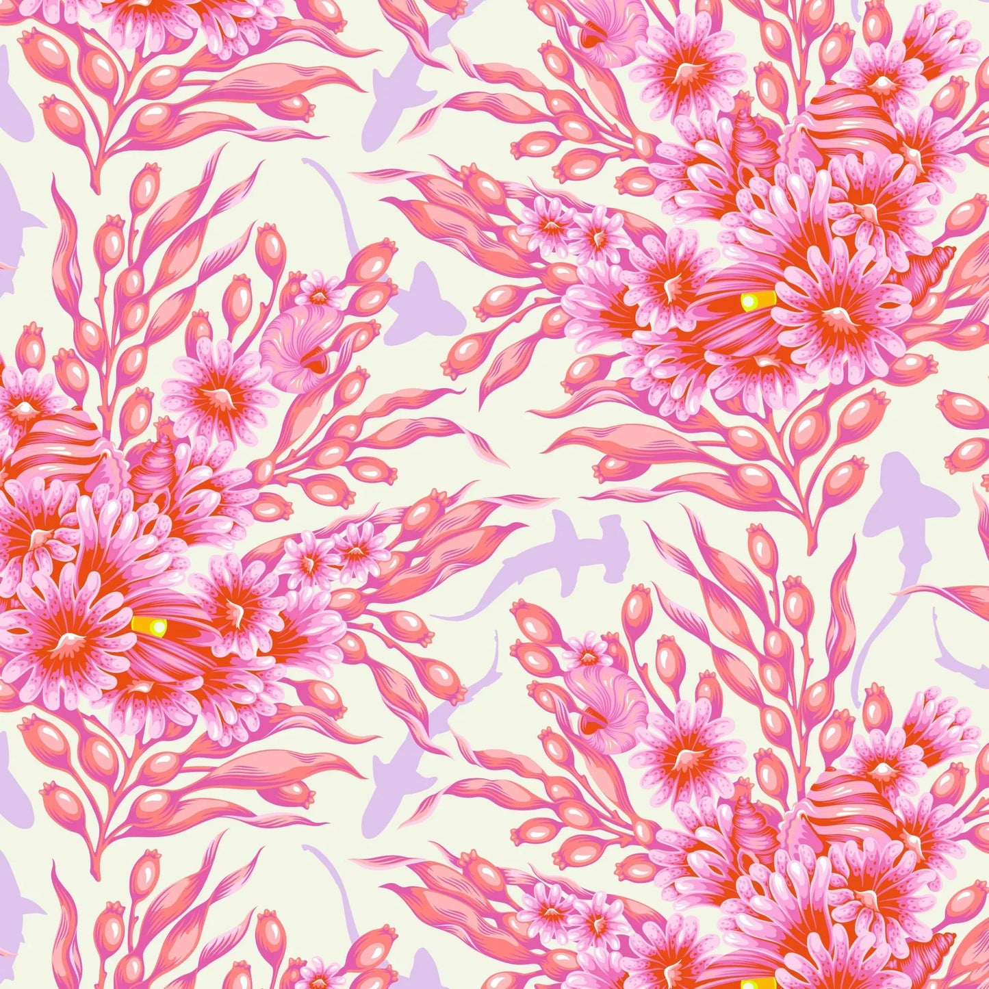 Bouquets of pink sea anemones and kelp with lavender silhouettes of sharks on an off-white background