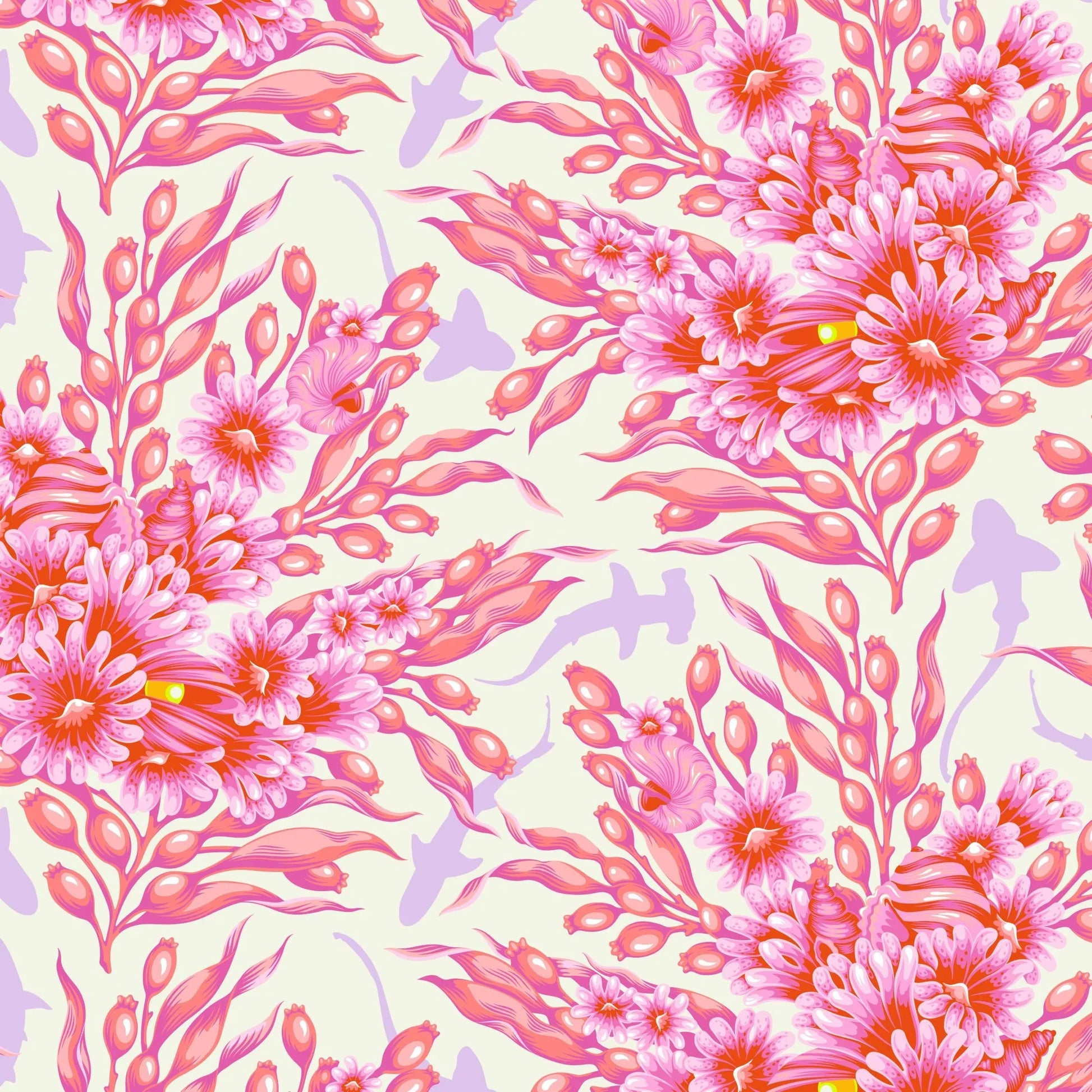 Bouquets of pink sea anemones and kelp with lavender silhouettes of sharks on an off-white background