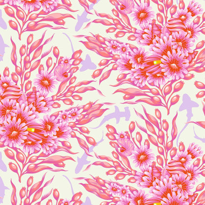 Bouquets of pink sea anemones and kelp with lavender silhouettes of sharks on an off-white background