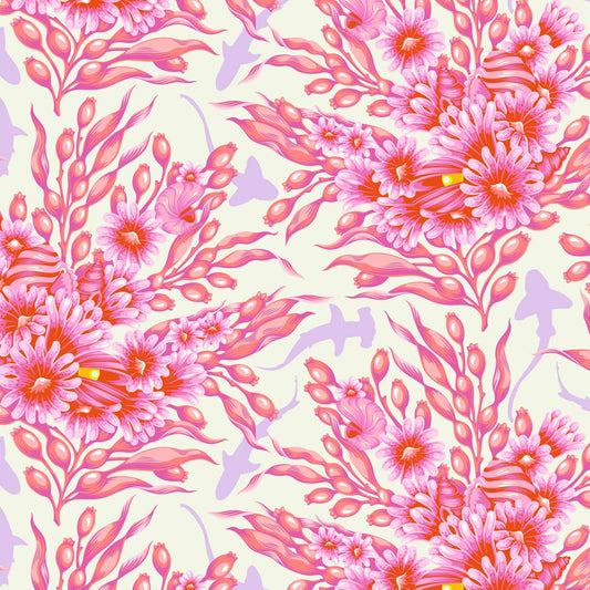 Bouquets of pink sea anemones and kelp with lavender silhouettes of sharks on an off-white background