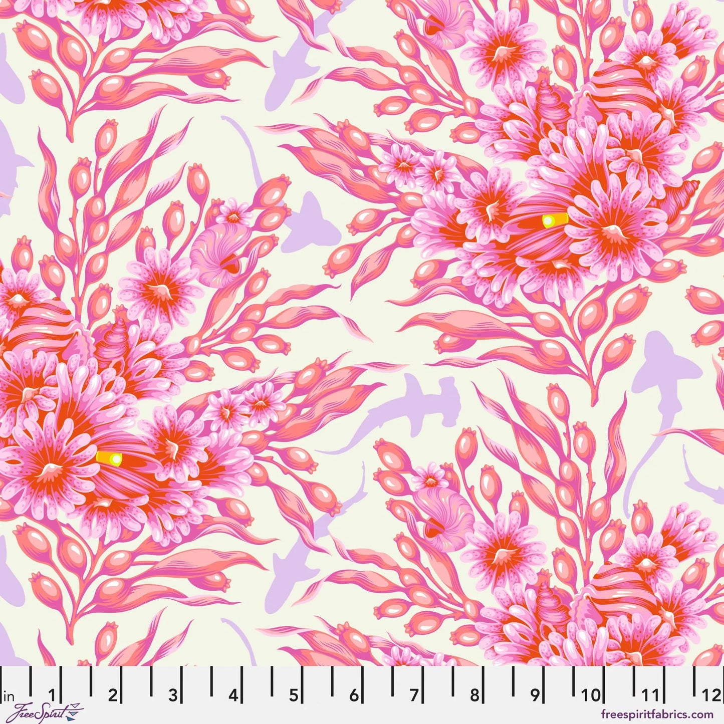 Bouquets of pink sea anemones and kelp with lavender silhouettes of sharks on an off-white background. Ruler at the bottom for scale.
