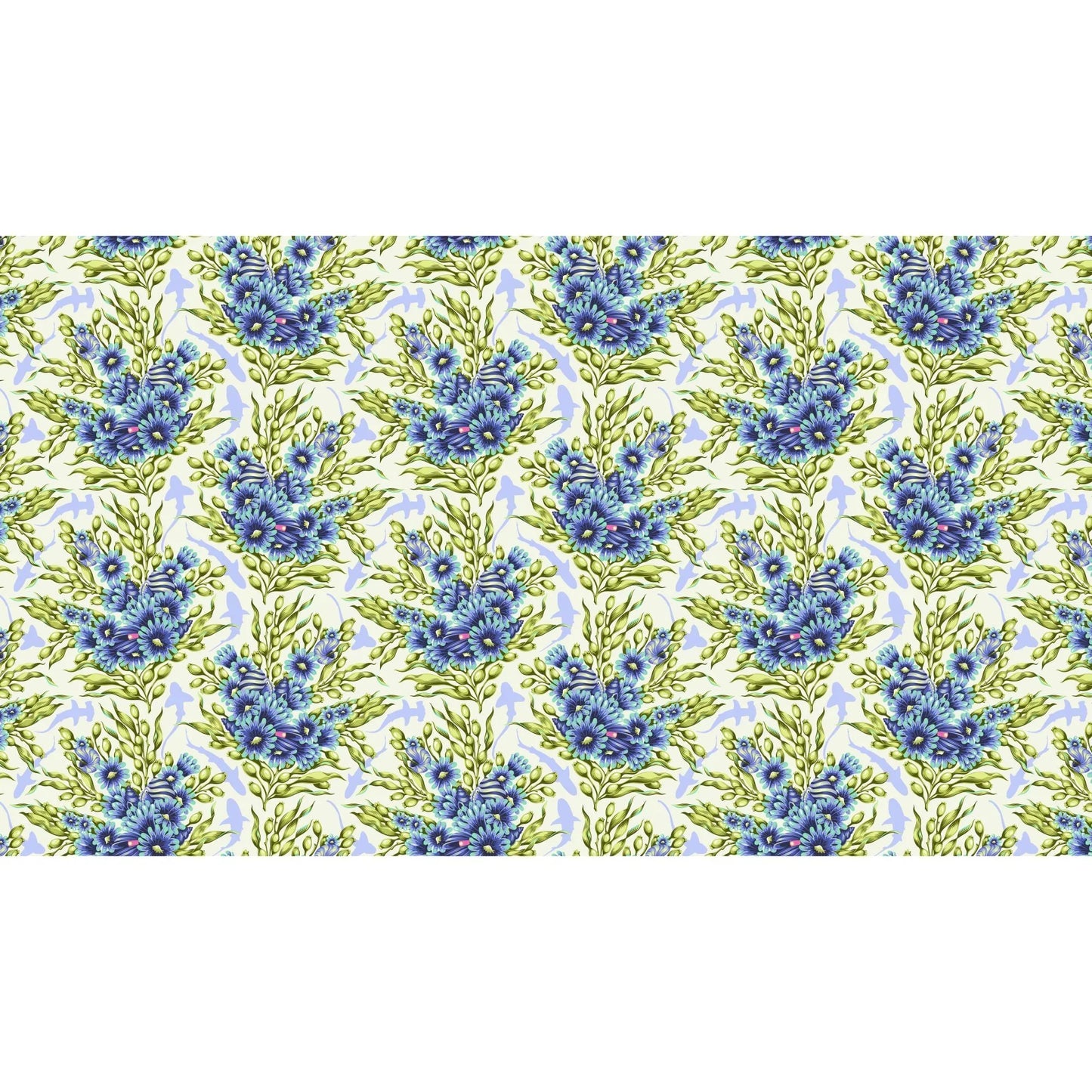 Bouquets of blue sea anemones and kelp with lavender silhouettes of sharks on an off-white background