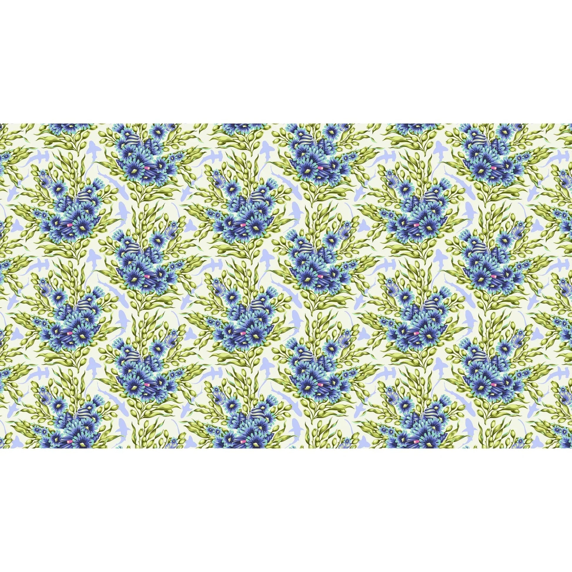 Bouquets of blue sea anemones and kelp with lavender silhouettes of sharks on an off-white background