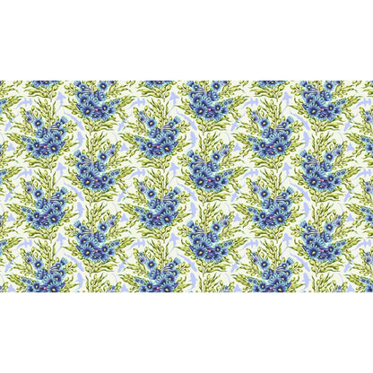 Bouquets of blue sea anemones and kelp with lavender silhouettes of sharks on an off-white background