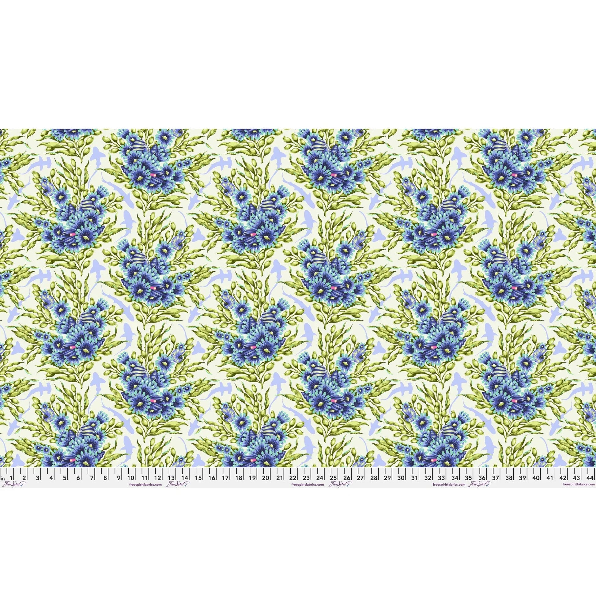 Bouquets of blue sea anemones and kelp with lavender silhouettes of sharks on an off-white background. Ruler at the bottom for scale.