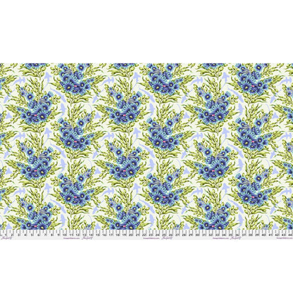 Bouquets of blue sea anemones and kelp with lavender silhouettes of sharks on an off-white background. Ruler at the bottom for scale.