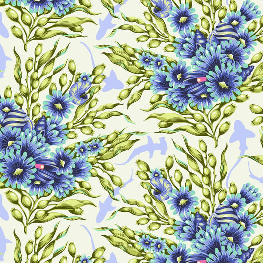Bouquets of blue sea anemones and kelp with lavender silhouettes of sharks on an off-white background