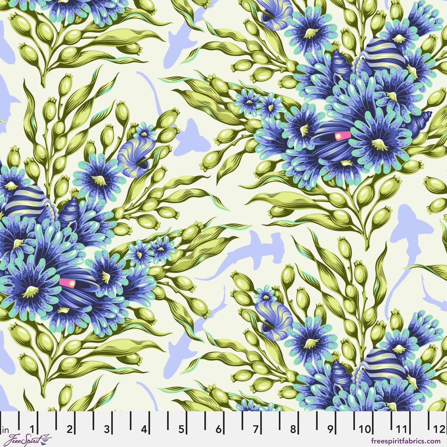Bouquets of blue sea anemones and kelp with lavender silhouettes of sharks on an off-white background. Ruler at the bottom for scale.