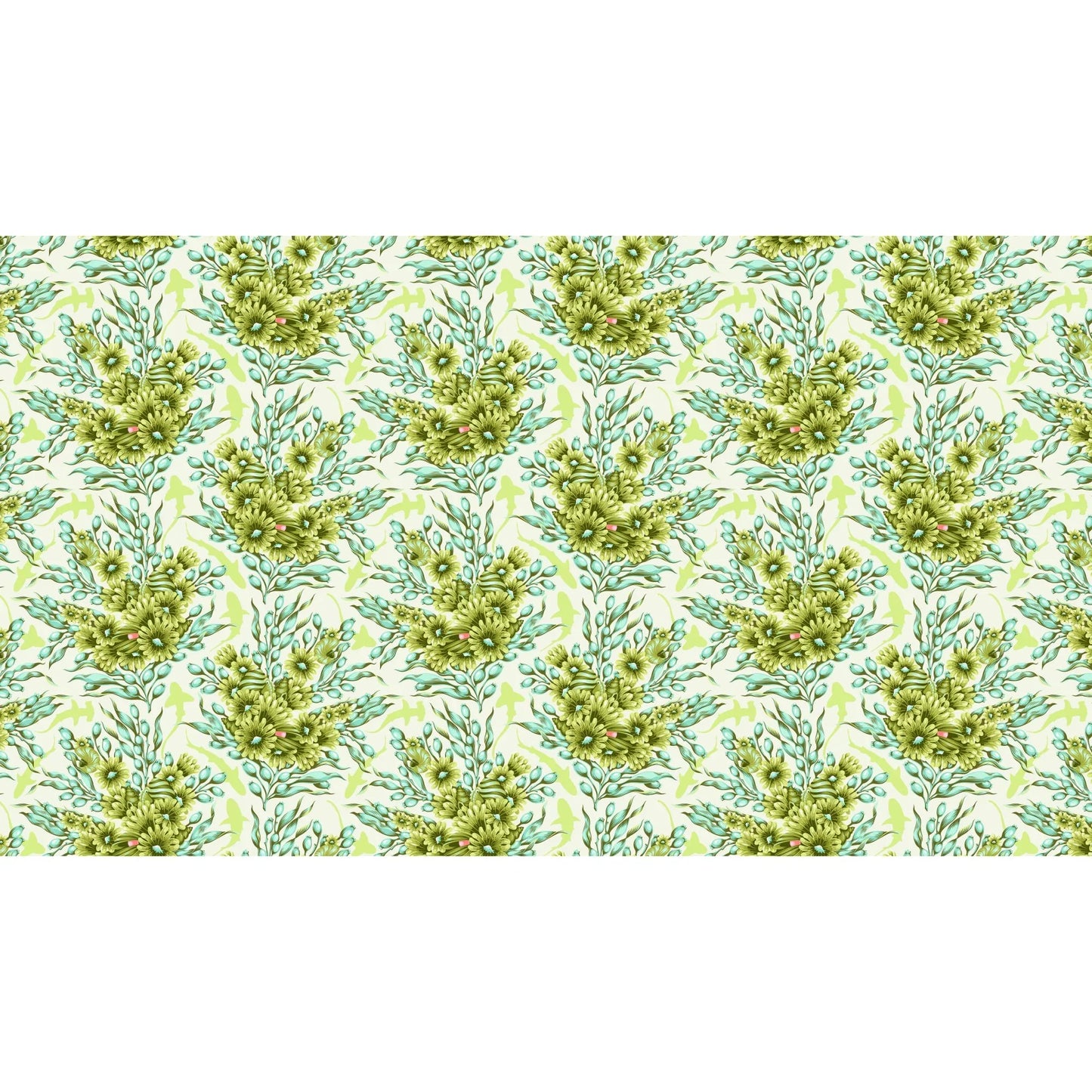 Bouquets of green sea anemones and kelp with lime-green silhouettes of sharks on an off-white background.