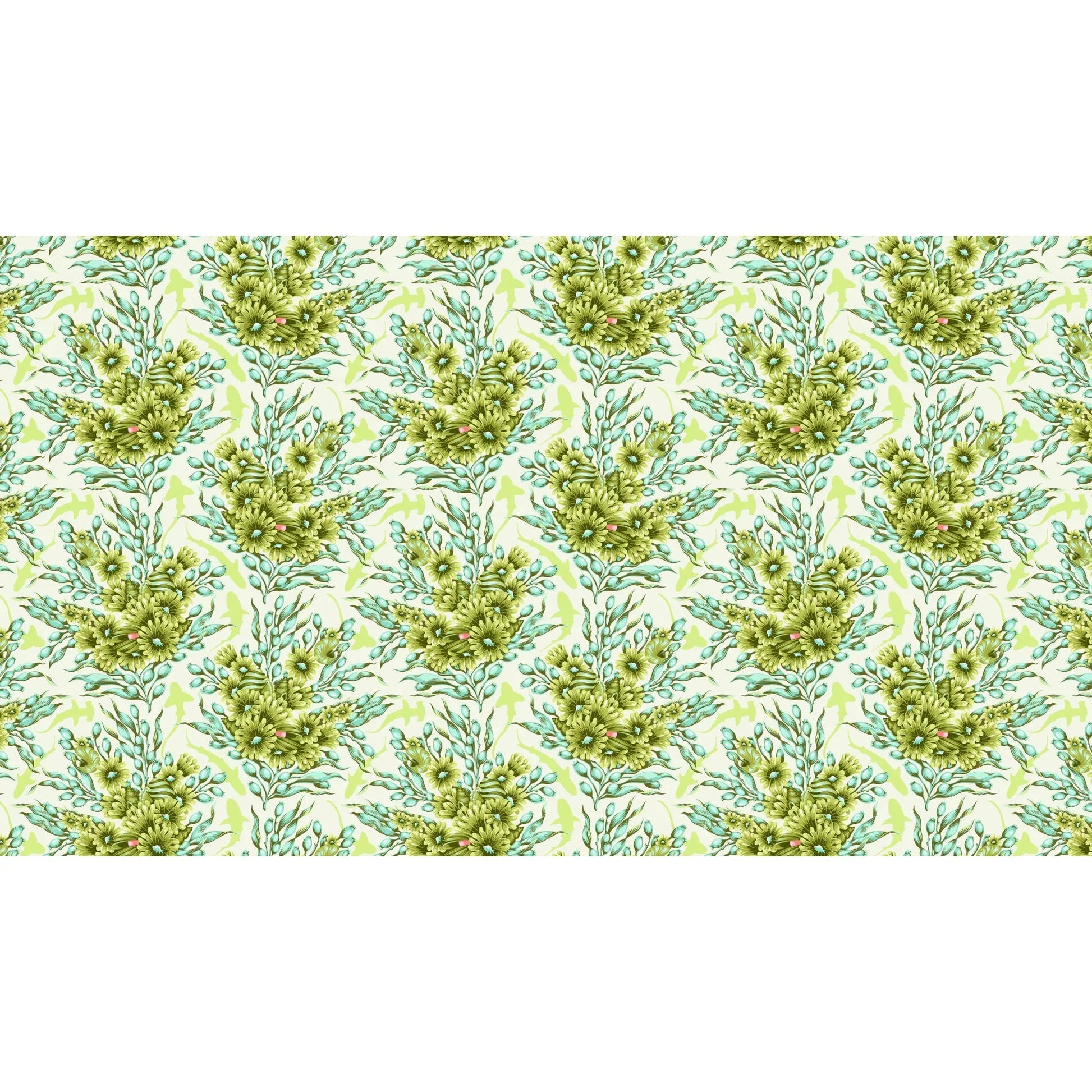Bouquets of green sea anemones and kelp with lime-green silhouettes of sharks on an off-white background.