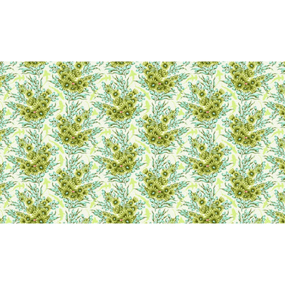 Bouquets of green sea anemones and kelp with lime-green silhouettes of sharks on an off-white background.