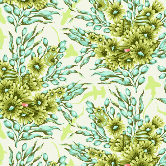Bouquets of green sea anemones and kelp with lime-green silhouettes of sharks on an off-white background