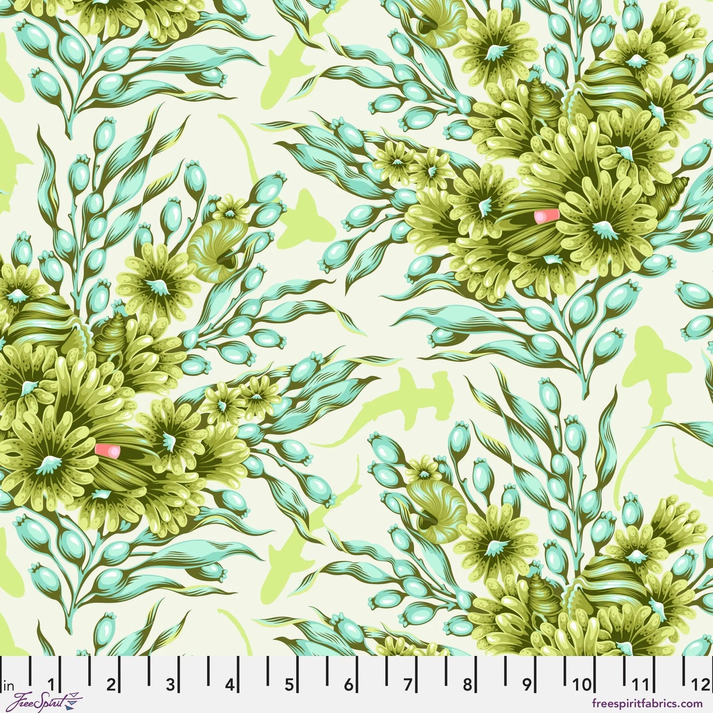 Bouquets of green sea anemones and kelp with lime-green silhouettes of sharks on an off-white background. Ruler at the bottom for scale.