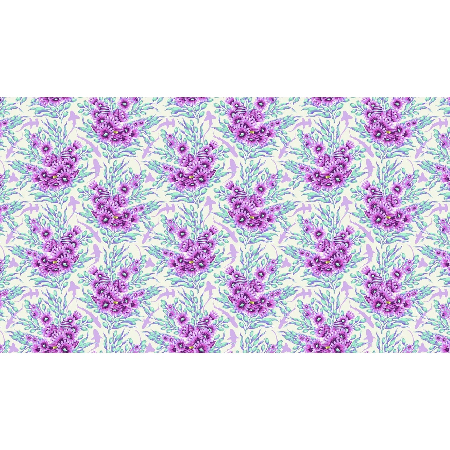 Bouquets of purple and aqua sea anemones and kelp with lavender silhouettes of sharks on an off-white background.