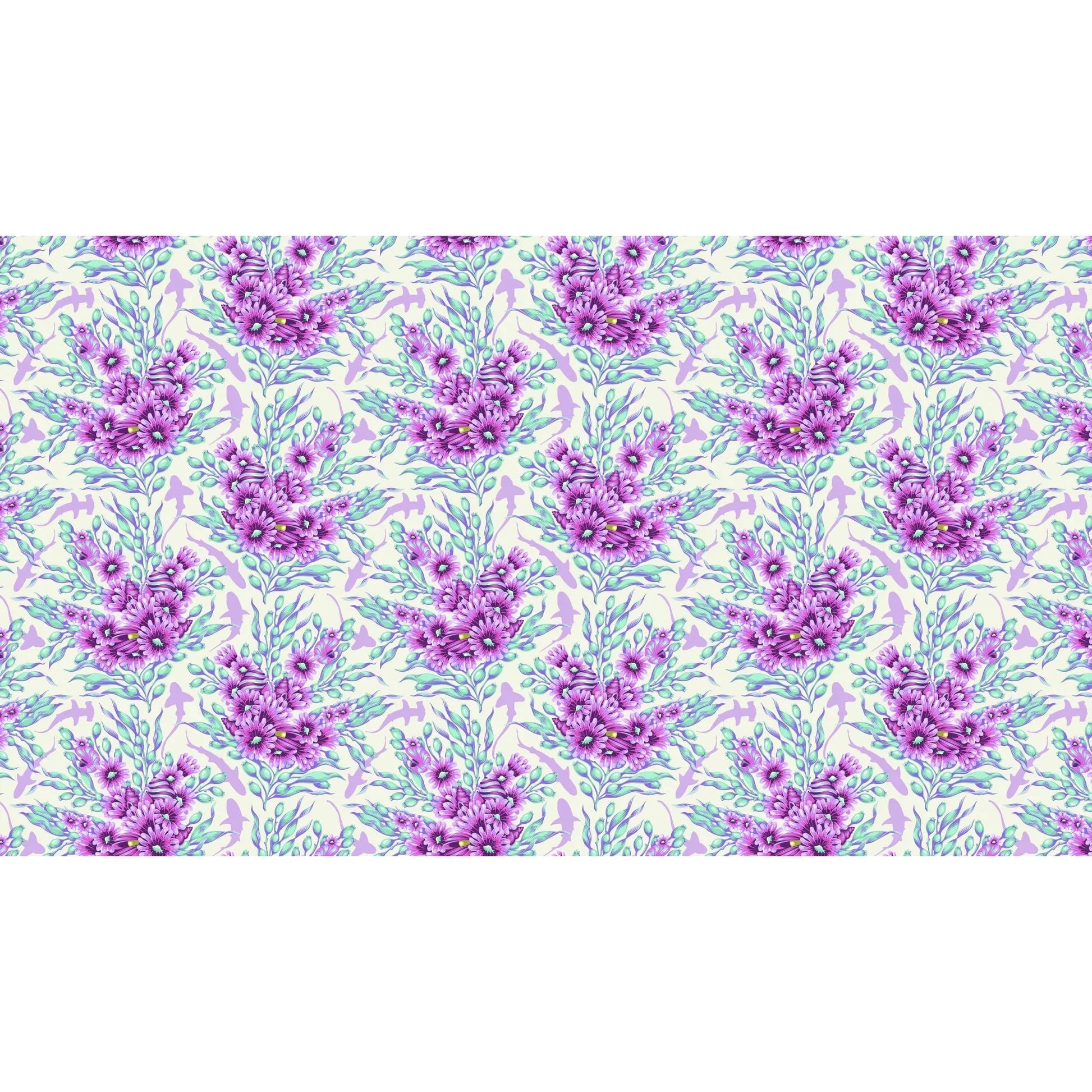 Bouquets of purple and aqua sea anemones and kelp with lavender silhouettes of sharks on an off-white background.