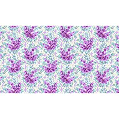 Bouquets of purple and aqua sea anemones and kelp with lavender silhouettes of sharks on an off-white background.