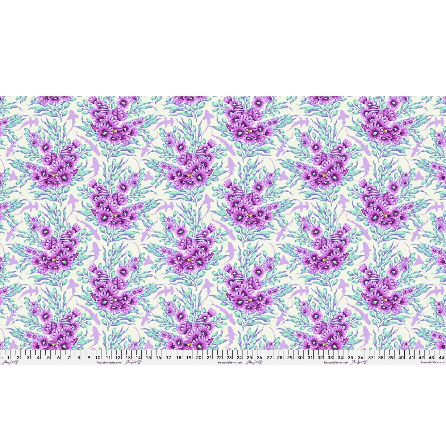 Bouquets of purple and aqua sea anemones and kelp with lavender silhouettes of sharks on an off-white background. Ruler at the bottom for scale.