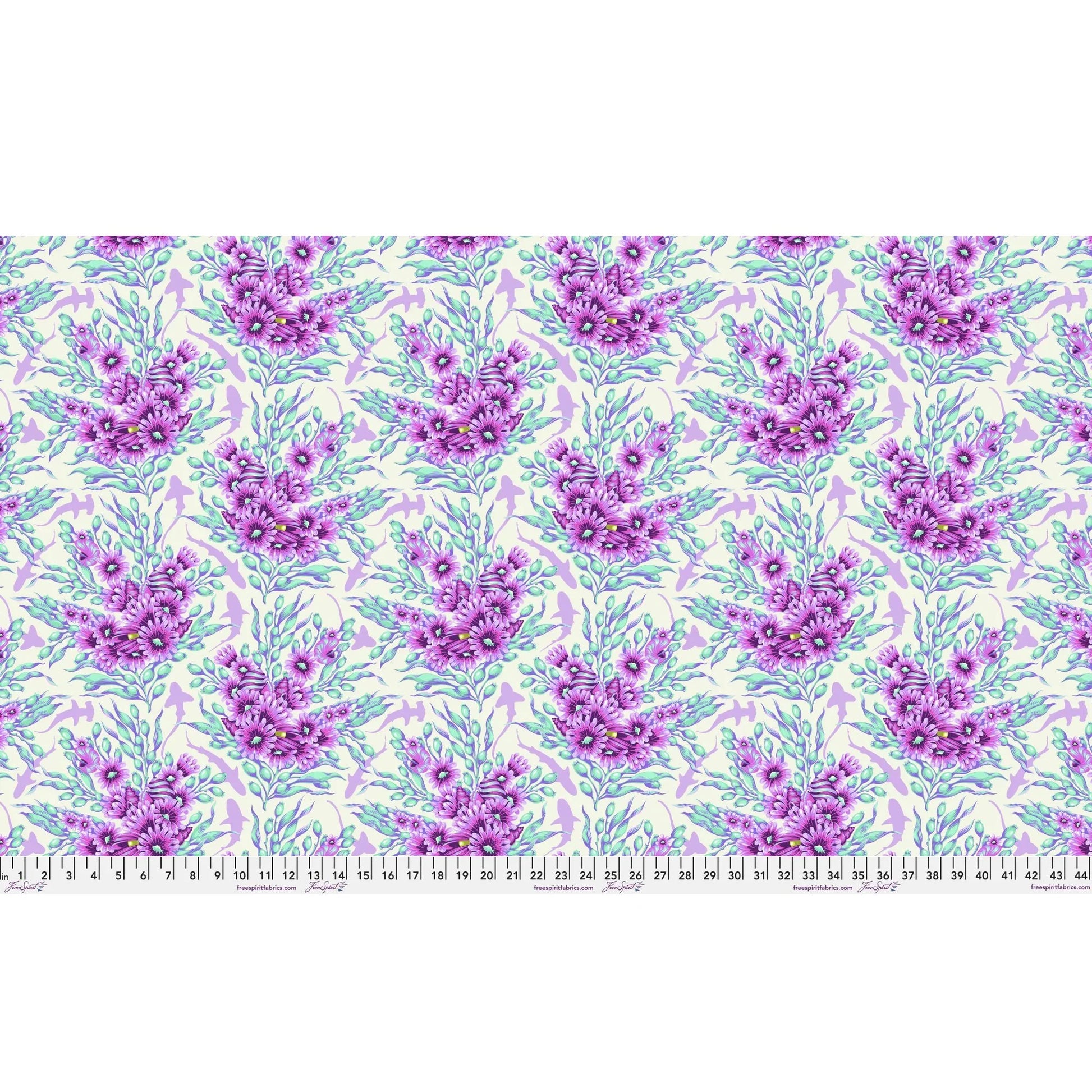 Bouquets of purple and aqua sea anemones and kelp with lavender silhouettes of sharks on an off-white background. Ruler at the bottom for scale.