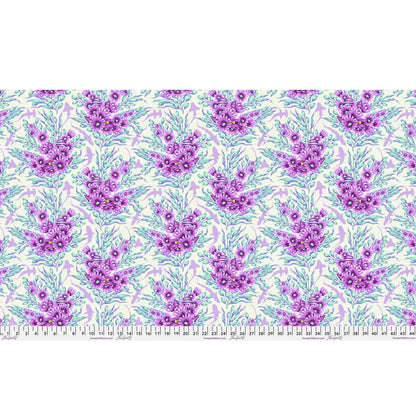 Bouquets of purple and aqua sea anemones and kelp with lavender silhouettes of sharks on an off-white background. Ruler at the bottom for scale.