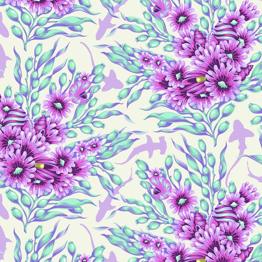 Bouquets of purple and aqua sea anemones and kelp with lavender silhouettes of sharks on an off-white background