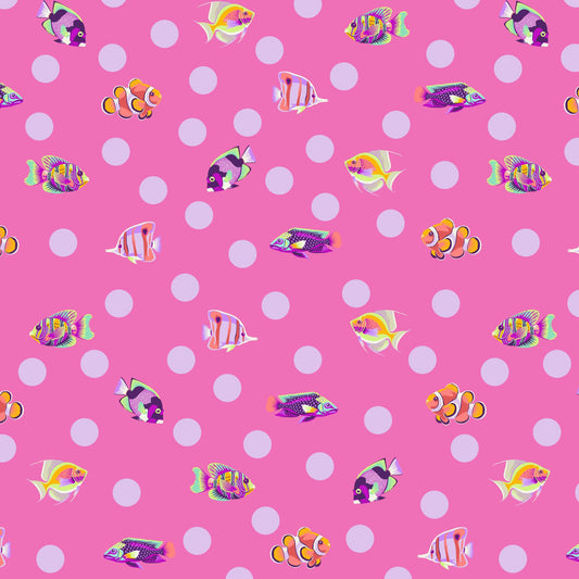 Pattern of colorful fish on a pink background with lavender polka dots