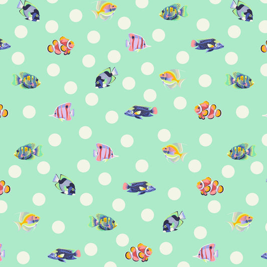 Pattern of colorful fish on a light blue background with white polka dots