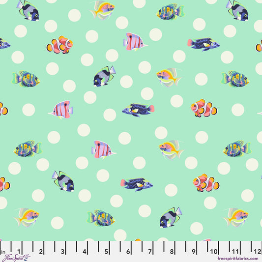 Pattern of colorful fish on a light blue background with white polka dots and a ruler at the bottom for scale.