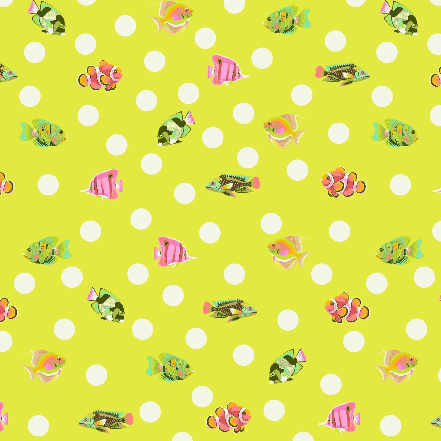 Pattern of colorful fish on a lime green background with white polka dots