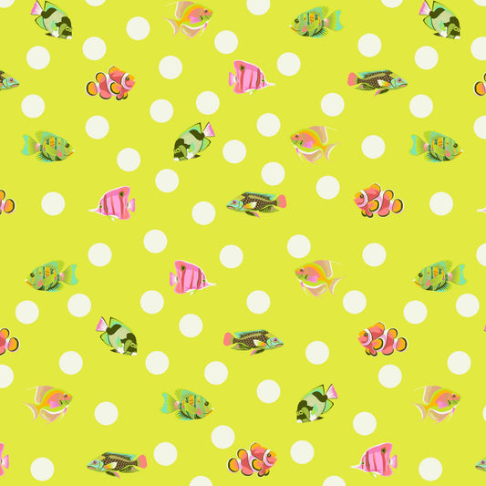 Pattern of colorful fish on a lime green background with white polka dots