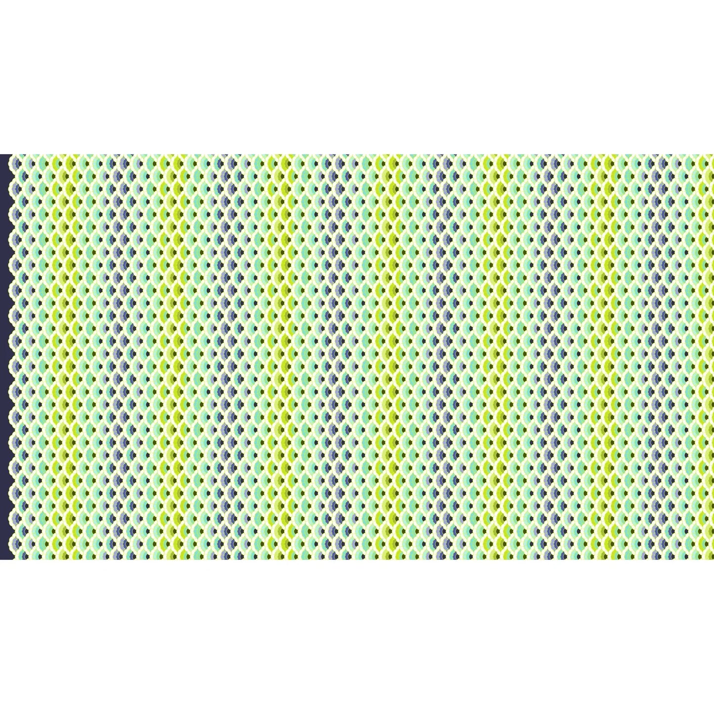 Geometric pattern of overlapping scalloped shapes with green, blue, navy, and turquoise colors on a dark background.