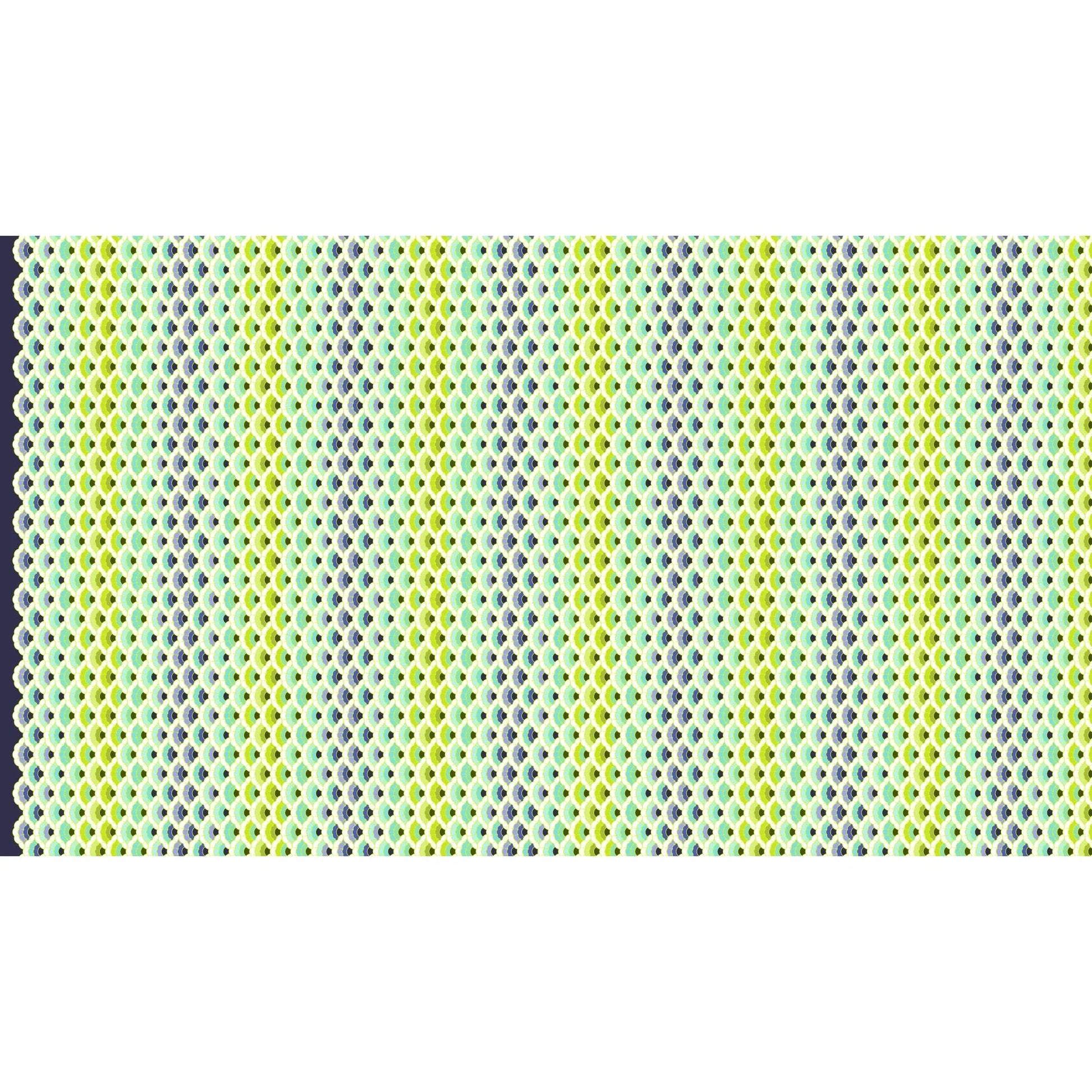 Geometric pattern of overlapping scalloped shapes with green, blue, navy, and turquoise colors on a dark background.