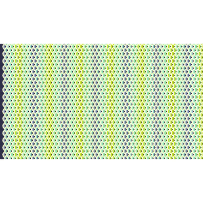 Geometric pattern of overlapping scalloped shapes with green, blue, navy, and turquoise colors on a dark background.