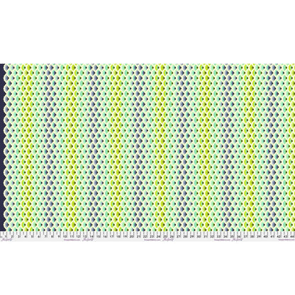 Geometric pattern of overlapping scalloped shapes with green, blue, navy, and turquoise colors on a dark background. Ruler at the bottom for scale.