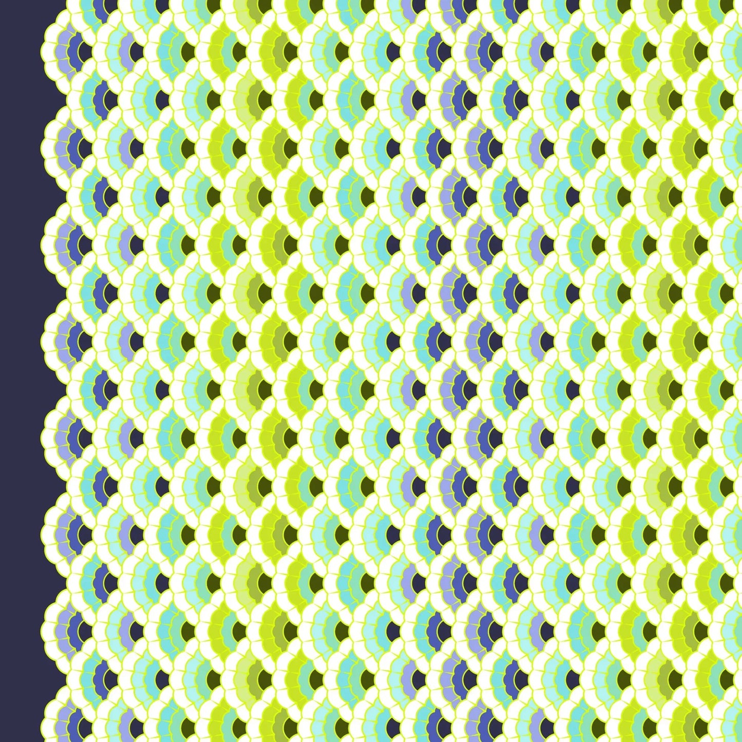 Geometric pattern of overlapping scalloped shapes with green, blue, navy, and turquoise colors on a dark background