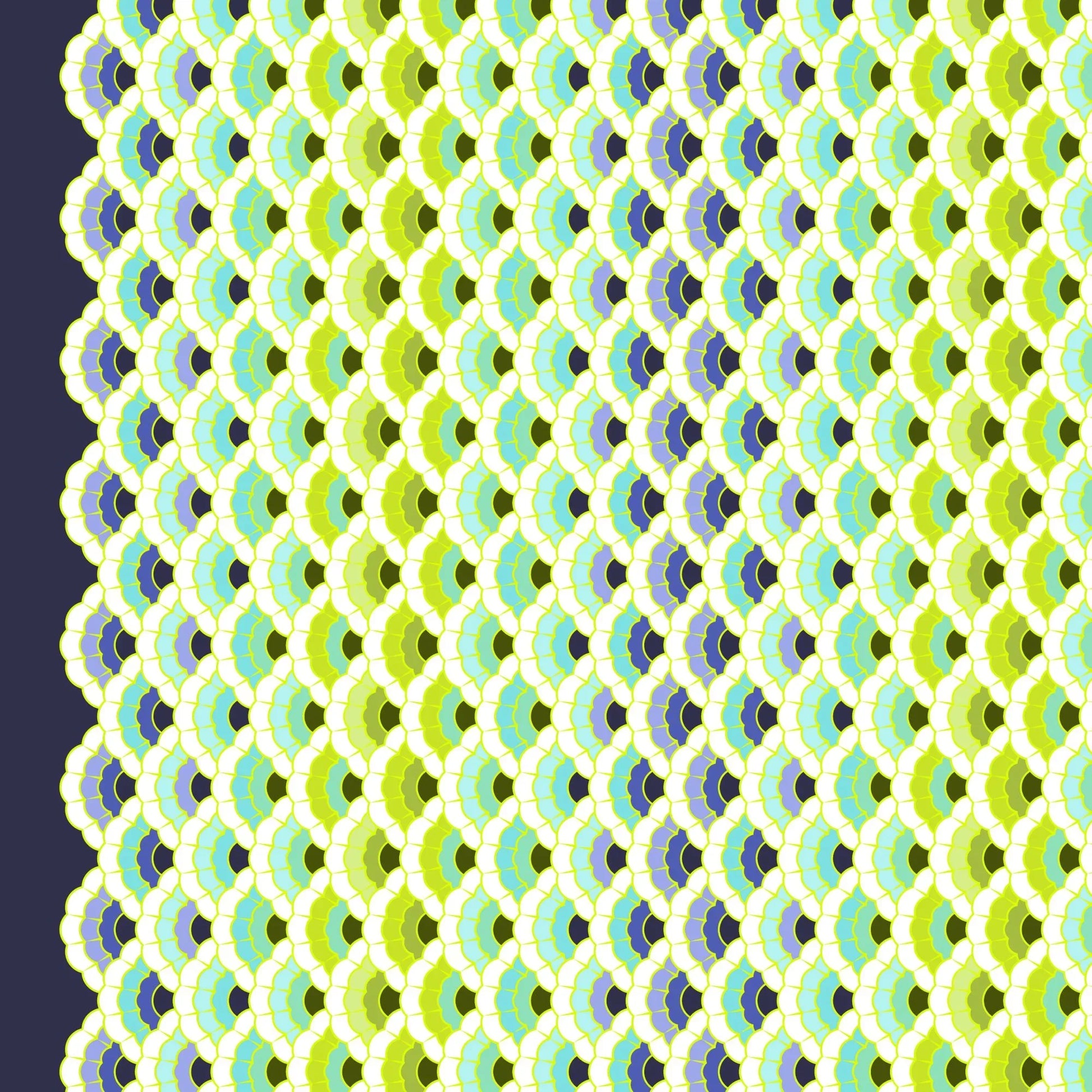 Geometric pattern of overlapping scalloped shapes with green, blue, navy, and turquoise colors on a dark background