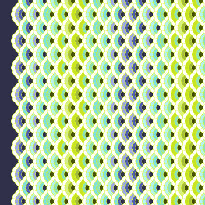 Geometric pattern of overlapping scalloped shapes with green, blue, navy, and turquoise colors on a dark background