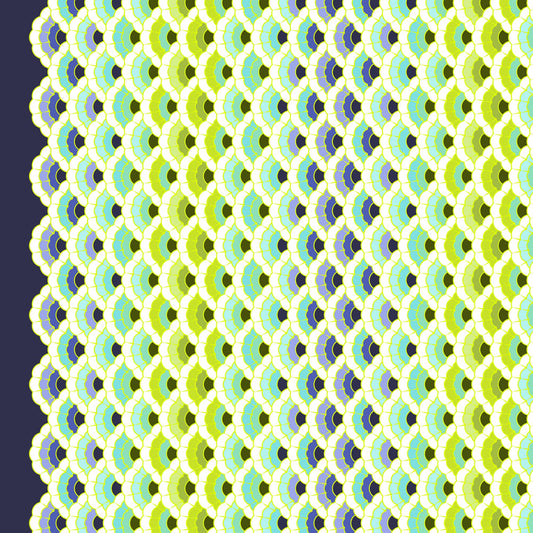 Geometric pattern of overlapping scalloped shapes with green, blue, navy, and turquoise colors on a dark background
