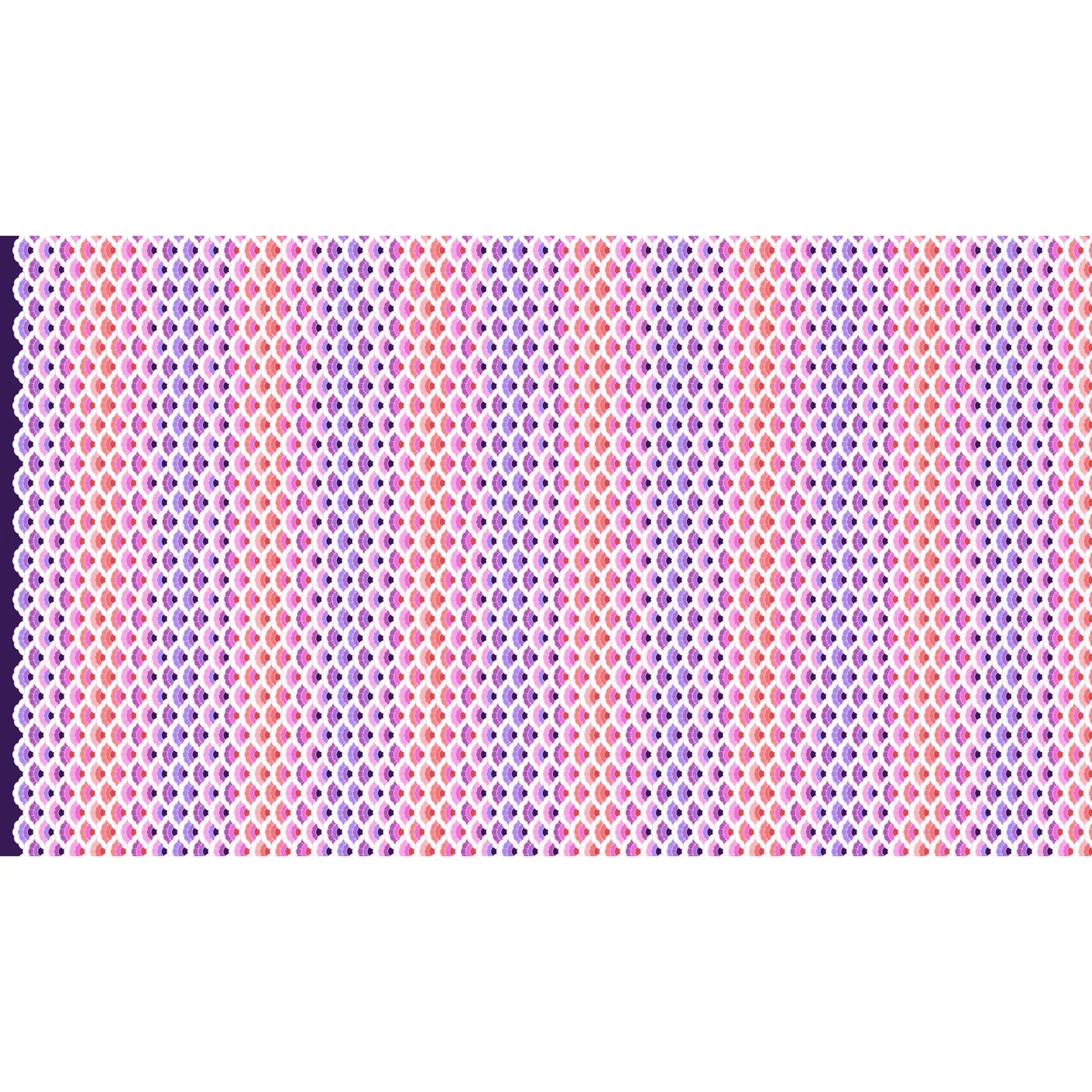 Geometric pattern of overlapping scalloped shapes with pink, coral, red, and purple colors on a dark background.
