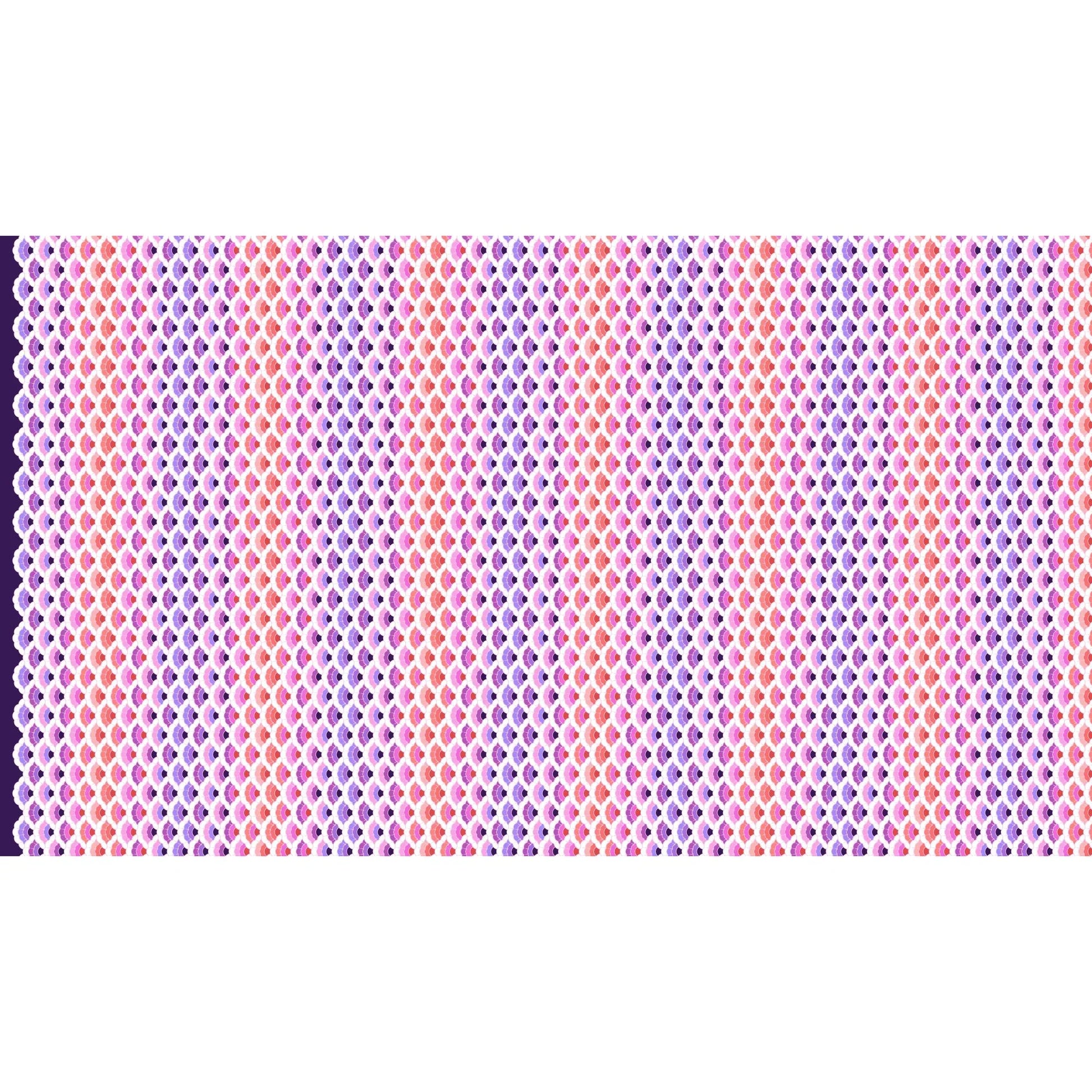 Geometric pattern of overlapping scalloped shapes with pink, coral, red, and purple colors on a dark background.